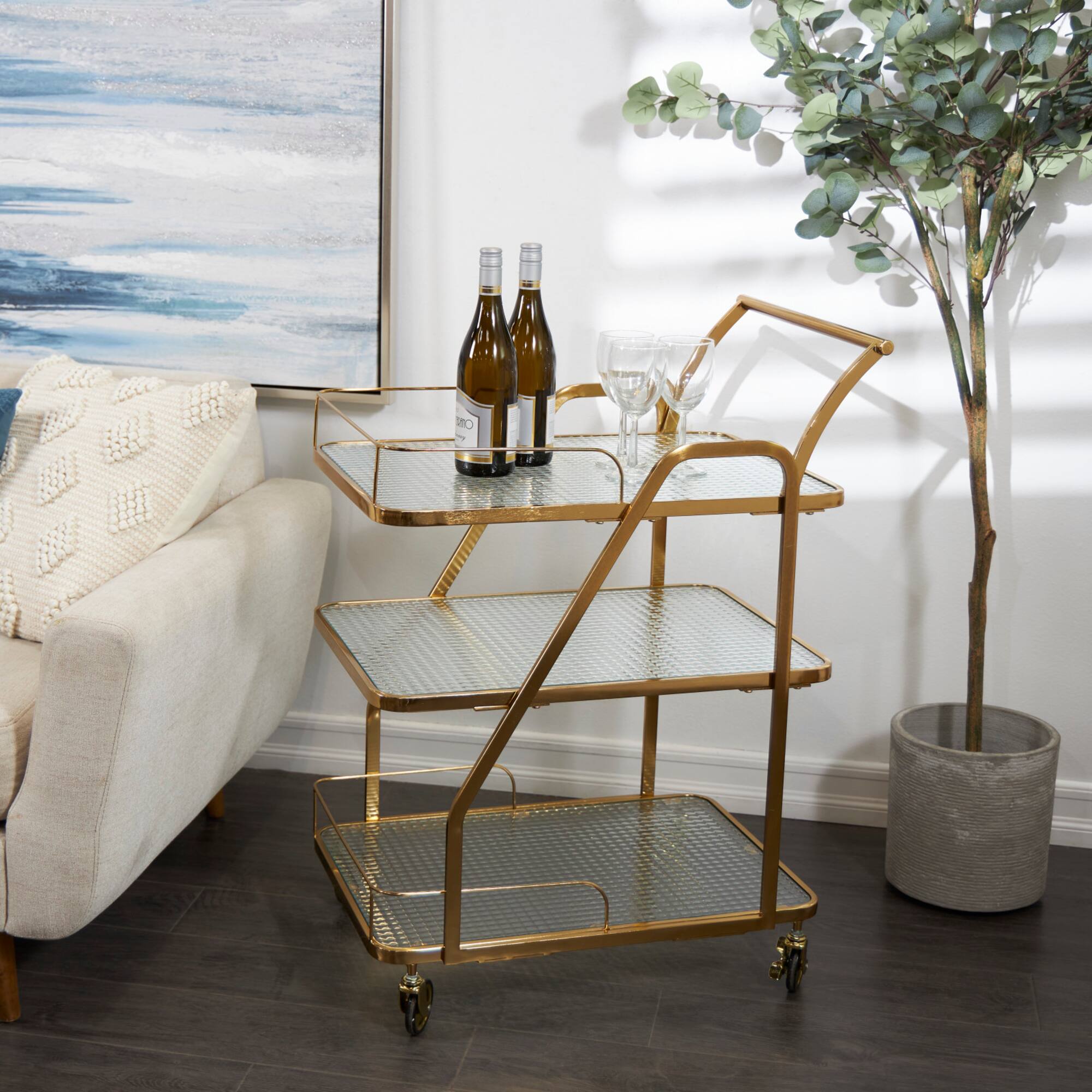Gold Metal Glass Shelf 3-Tier Bar Cart